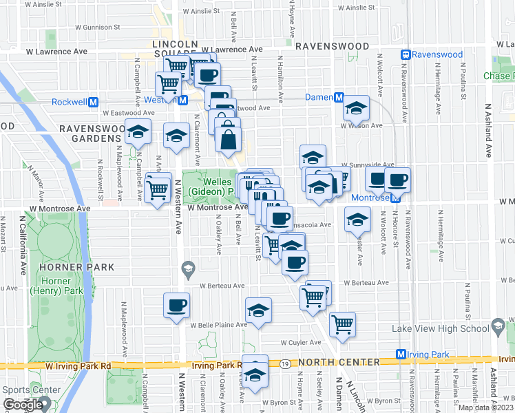 map of restaurants, bars, coffee shops, grocery stores, and more near N Lincoln Ave & W Montrose Ave in Chicago