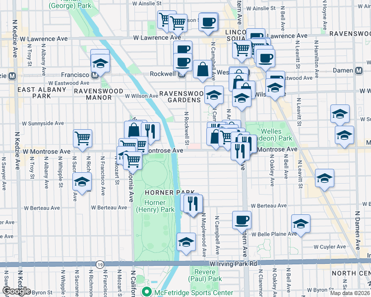 map of restaurants, bars, coffee shops, grocery stores, and more near 4400 North Rockwell Street in Chicago