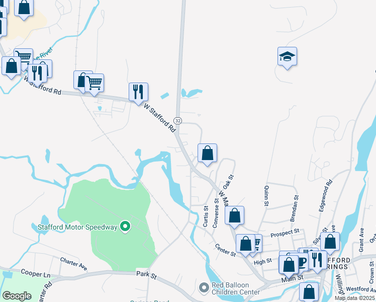 map of restaurants, bars, coffee shops, grocery stores, and more near 128 West Main Street in Stafford
