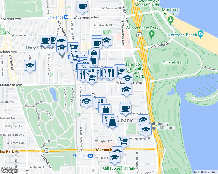 map of restaurants, bars, coffee shops, grocery stores, and more near 4334 North Hazel Street in Chicago