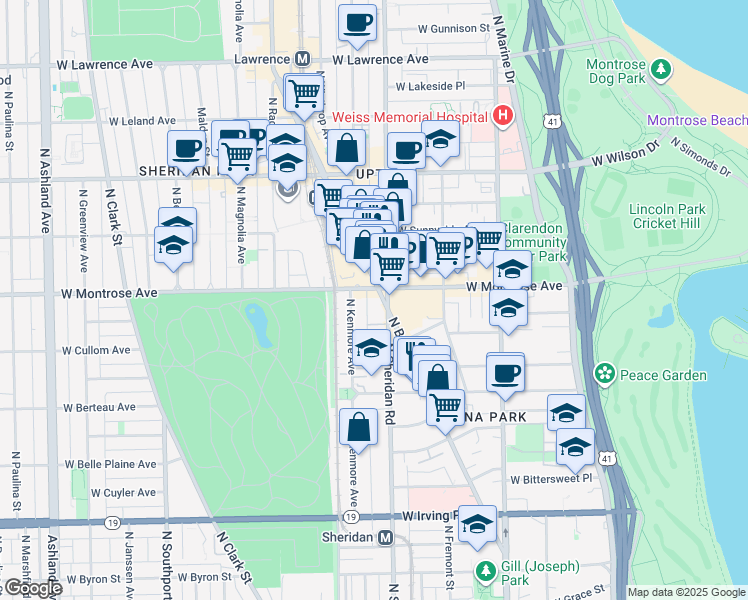map of restaurants, bars, coffee shops, grocery stores, and more near 4342 North Sheridan Road in Chicago