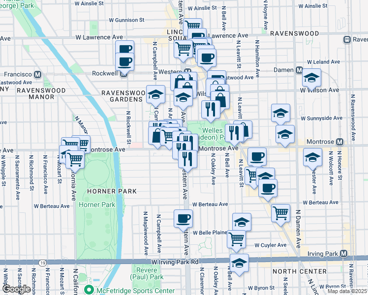 map of restaurants, bars, coffee shops, grocery stores, and more near 4351 North Western Avenue in Chicago