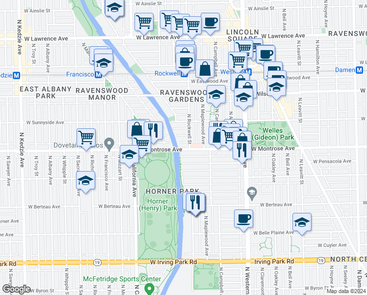 map of restaurants, bars, coffee shops, grocery stores, and more near 2857 West Montrose Avenue in Chicago