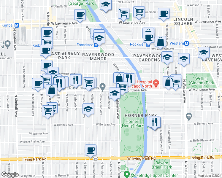 map of restaurants, bars, coffee shops, grocery stores, and more near in Chicago