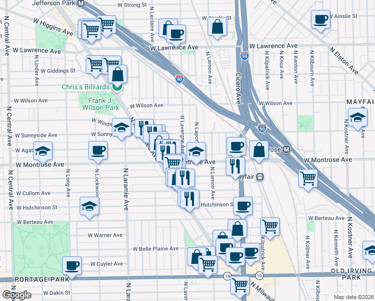 map of restaurants, bars, coffee shops, grocery stores, and more near 4936 West Montrose Avenue in Chicago