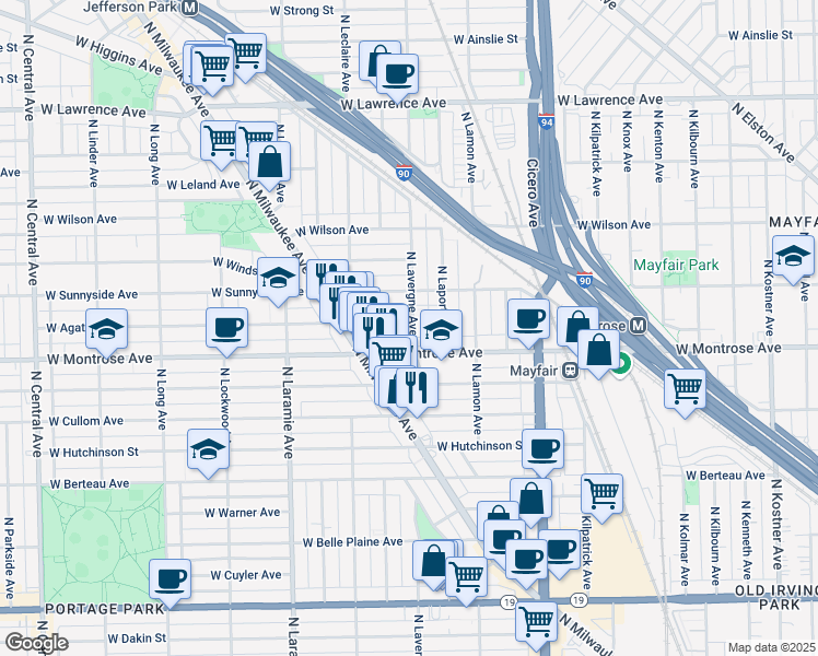 map of restaurants, bars, coffee shops, grocery stores, and more near 5010 West Montrose Avenue in Chicago