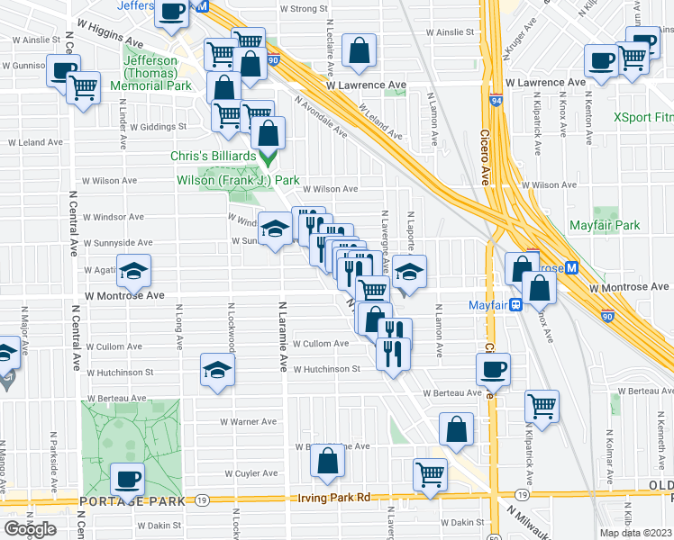 map of restaurants, bars, coffee shops, grocery stores, and more near 4413 North Milwaukee Avenue in Chicago