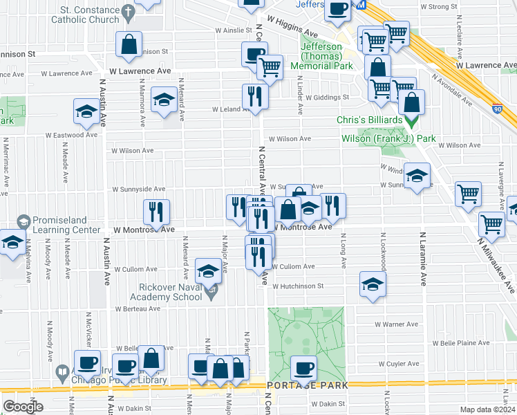 map of restaurants, bars, coffee shops, grocery stores, and more near 4415 North Parkside Avenue in Chicago