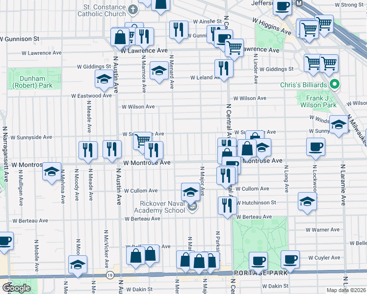 map of restaurants, bars, coffee shops, grocery stores, and more near 4418 North Mango Avenue in Chicago