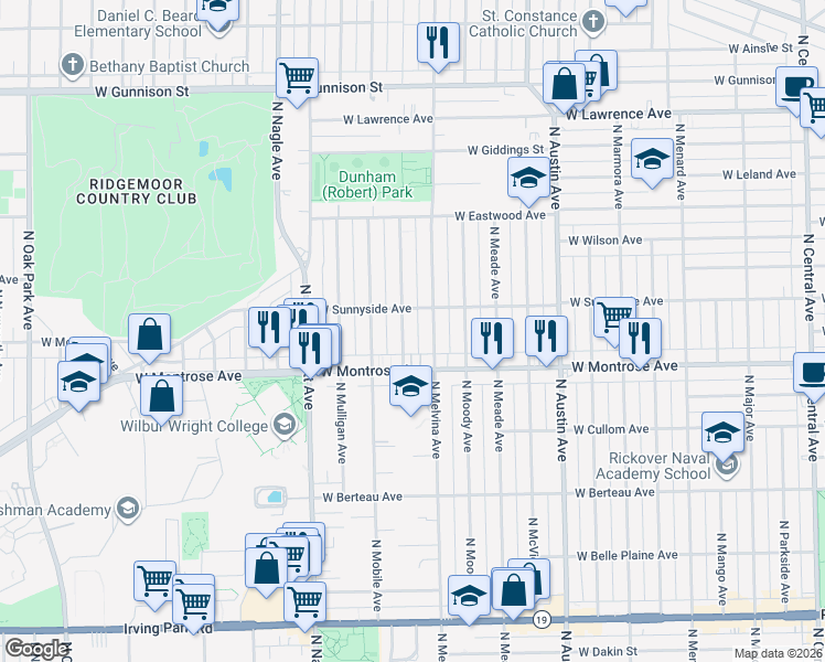 map of restaurants, bars, coffee shops, grocery stores, and more near 4423 North Merrimac Avenue in Chicago
