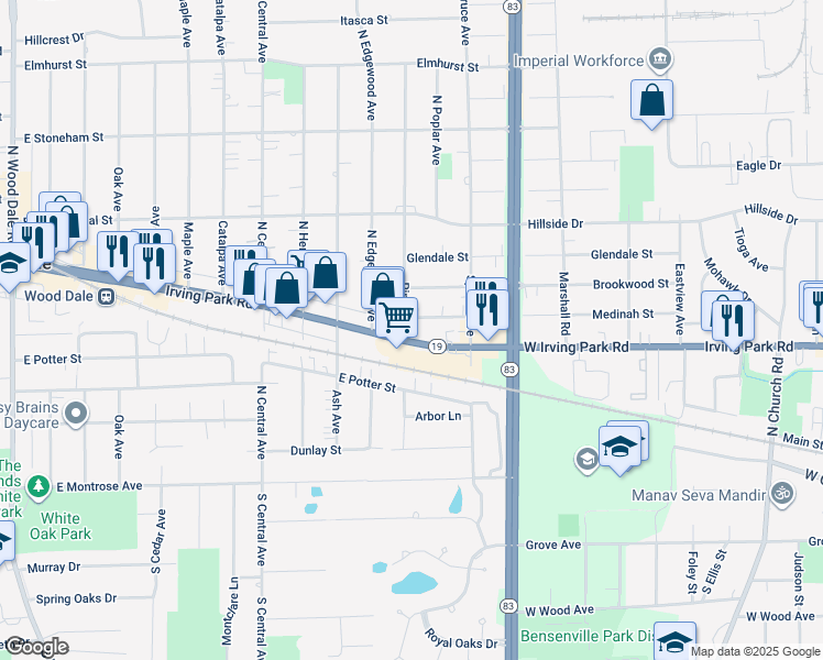 map of restaurants, bars, coffee shops, grocery stores, and more near 1339 Irving Park Road in Bensenville