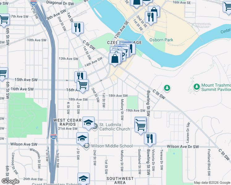 map of restaurants, bars, coffee shops, grocery stores, and more near 1801 Hamilton Street Southwest in Cedar Rapids