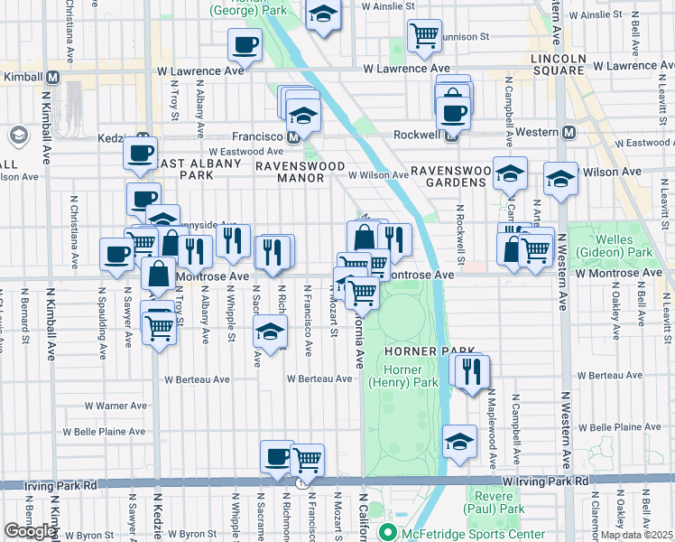 map of restaurants, bars, coffee shops, grocery stores, and more near 4401 North Mozart Street in Chicago