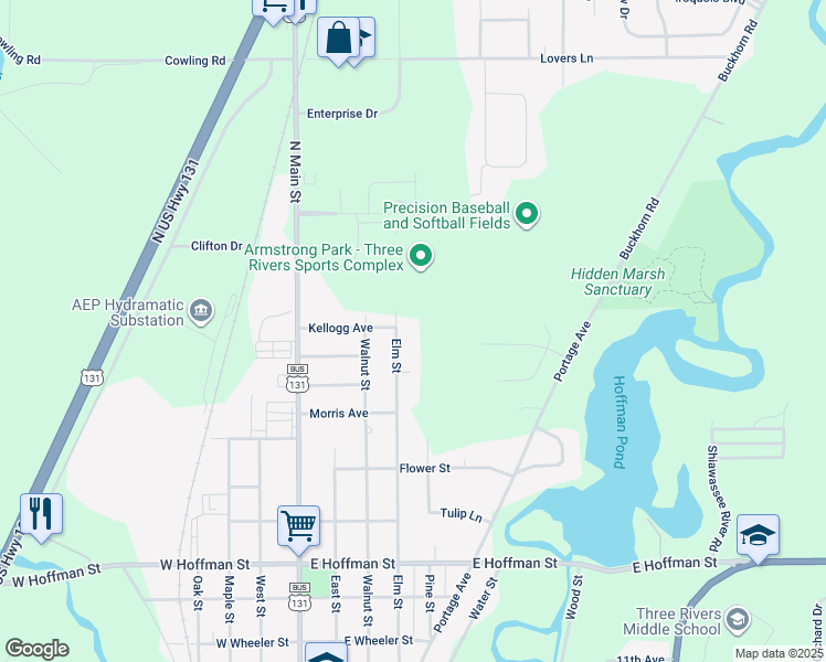 map of restaurants, bars, coffee shops, grocery stores, and more near 1215 Elm Street in Three Rivers