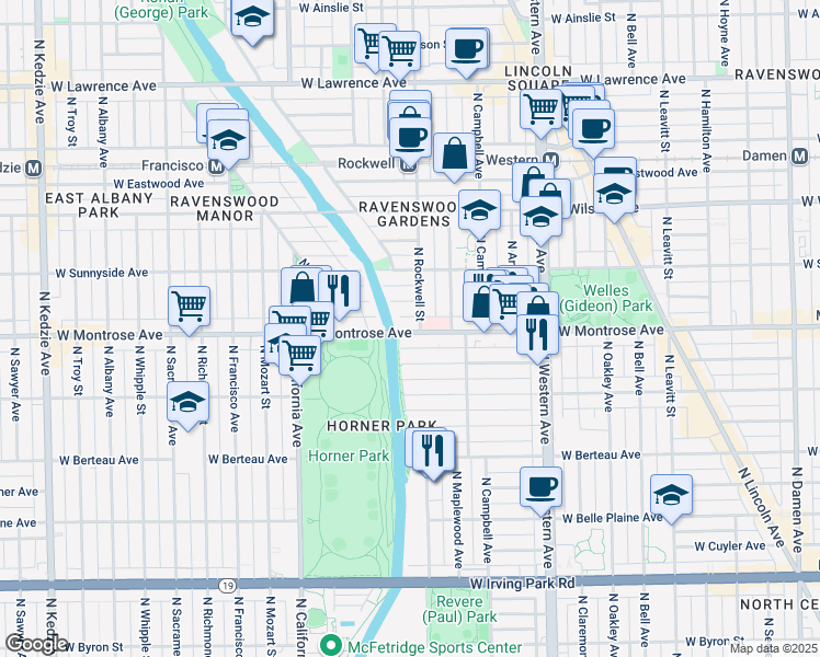 map of restaurants, bars, coffee shops, grocery stores, and more near 2600 West Montrose Avenue in Chicago