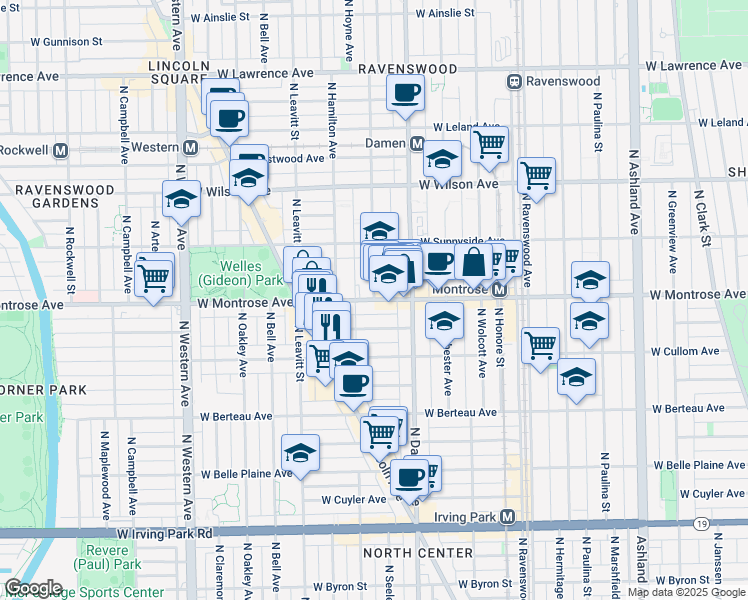 map of restaurants, bars, coffee shops, grocery stores, and more near W Montrose Ave & N Seeley Ave in Chicago