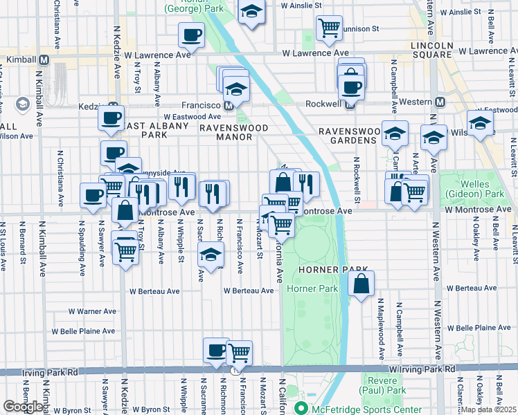 map of restaurants, bars, coffee shops, grocery stores, and more near 4403 North Mozart Street in Chicago