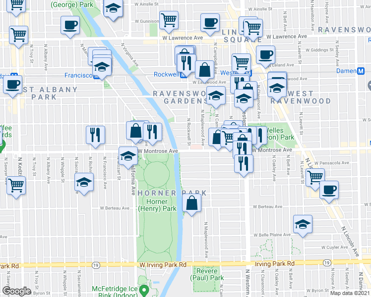 map of restaurants, bars, coffee shops, grocery stores, and more near 2857 West Montrose Avenue in Chicago