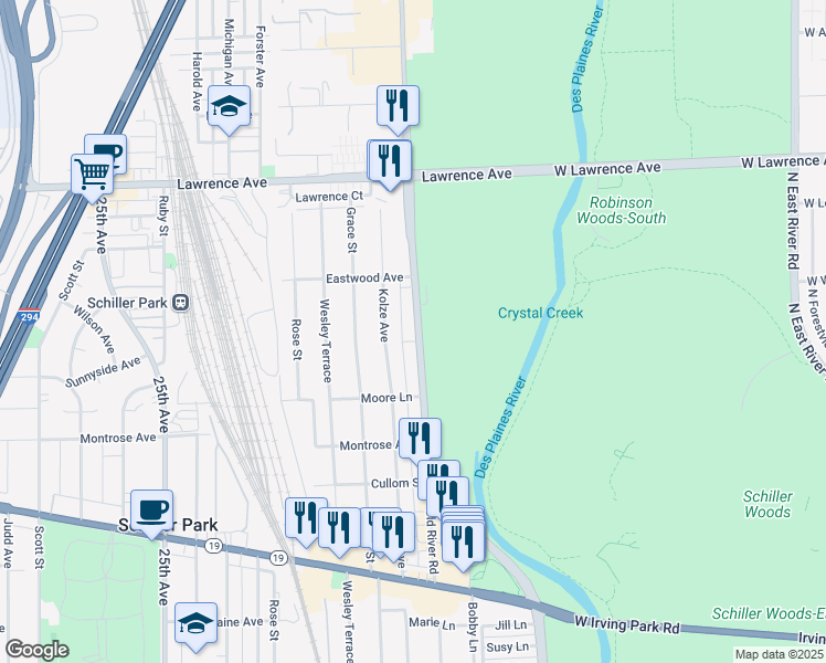 map of restaurants, bars, coffee shops, grocery stores, and more near 4600 North River Road in Schiller Park