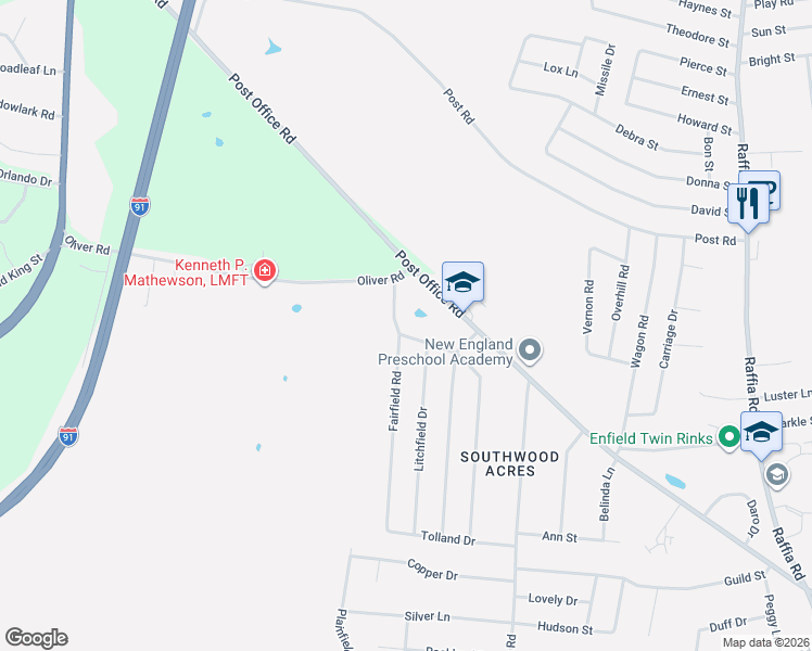 map of restaurants, bars, coffee shops, grocery stores, and more near 2 Litchfield Drive in Enfield