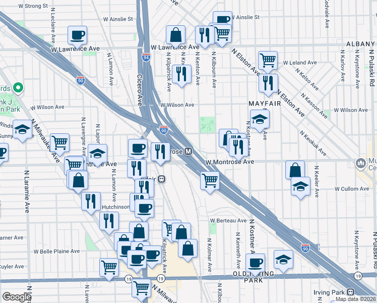 map of restaurants, bars, coffee shops, grocery stores, and more near 4600 West Montrose Avenue in Chicago