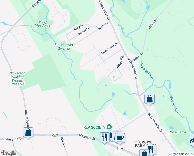 map of restaurants, bars, coffee shops, grocery stores, and more near 13 Village Way in Norton