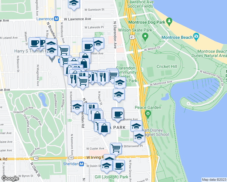 map of restaurants, bars, coffee shops, grocery stores, and more near 4321 North Dayton Street in Chicago