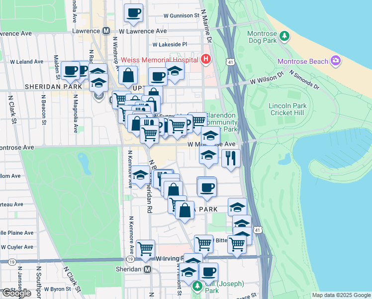 map of restaurants, bars, coffee shops, grocery stores, and more near 4321 North Dayton Street in Chicago