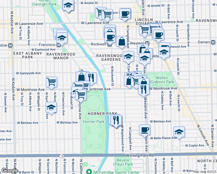map of restaurants, bars, coffee shops, grocery stores, and more near 2857 West Montrose Avenue in Chicago