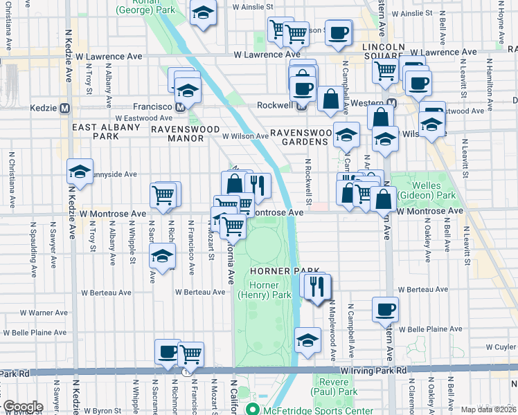 map of restaurants, bars, coffee shops, grocery stores, and more near 2658 West Montrose Avenue in Chicago