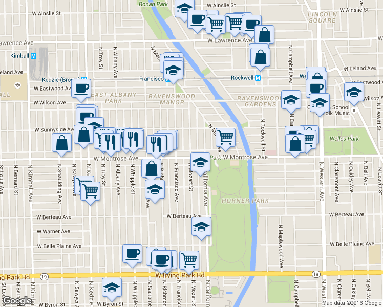 map of restaurants, bars, coffee shops, grocery stores, and more near 2819 West Montrose Avenue in Chicago
