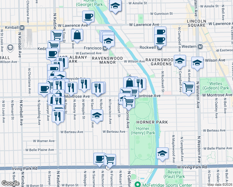 map of restaurants, bars, coffee shops, grocery stores, and more near 2853 West Montrose Avenue in Chicago