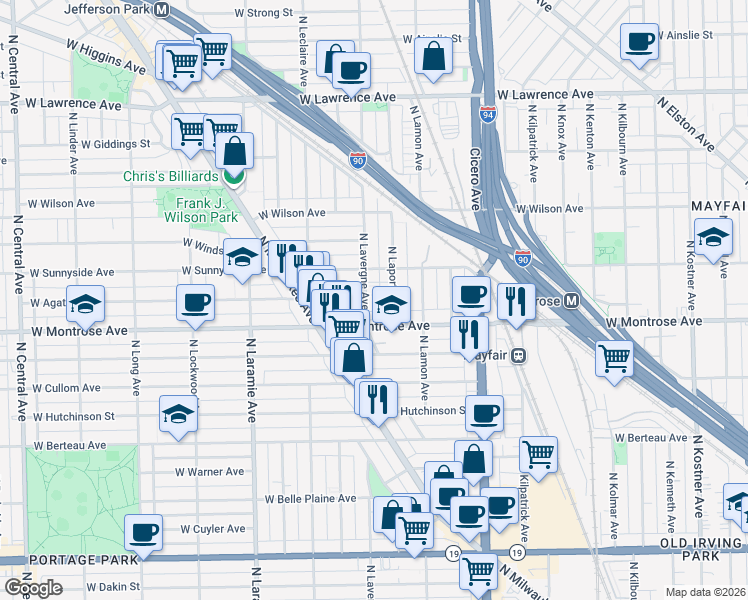 map of restaurants, bars, coffee shops, grocery stores, and more near 4936 West Montrose Avenue in Chicago