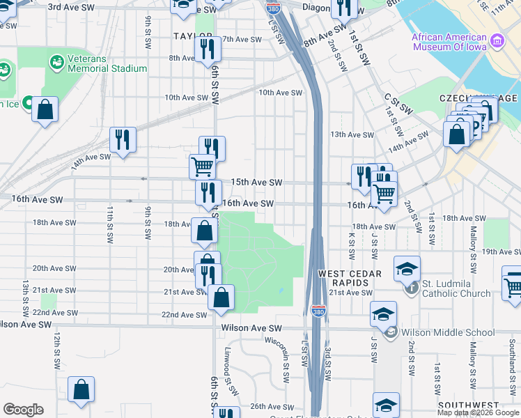 map of restaurants, bars, coffee shops, grocery stores, and more near 381 16th Avenue Southwest in Cedar Rapids