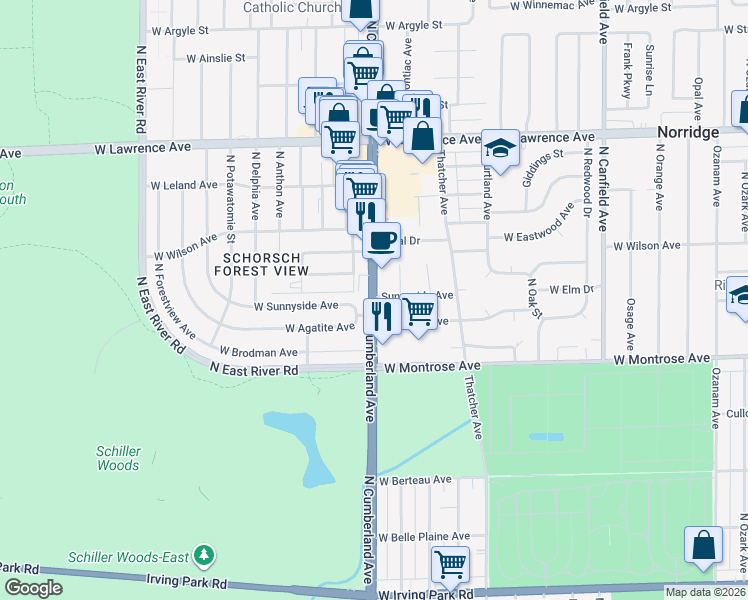 map of restaurants, bars, coffee shops, grocery stores, and more near 8413 West Agatite Avenue in Chicago