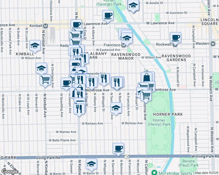 map of restaurants, bars, coffee shops, grocery stores, and more near 4352 North Sacramento Avenue in Chicago