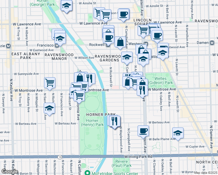 map of restaurants, bars, coffee shops, grocery stores, and more near 2857 West Montrose Avenue in Chicago