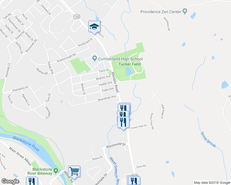 map of restaurants, bars, coffee shops, grocery stores, and more near 2510 Mendon Road in Cumberland