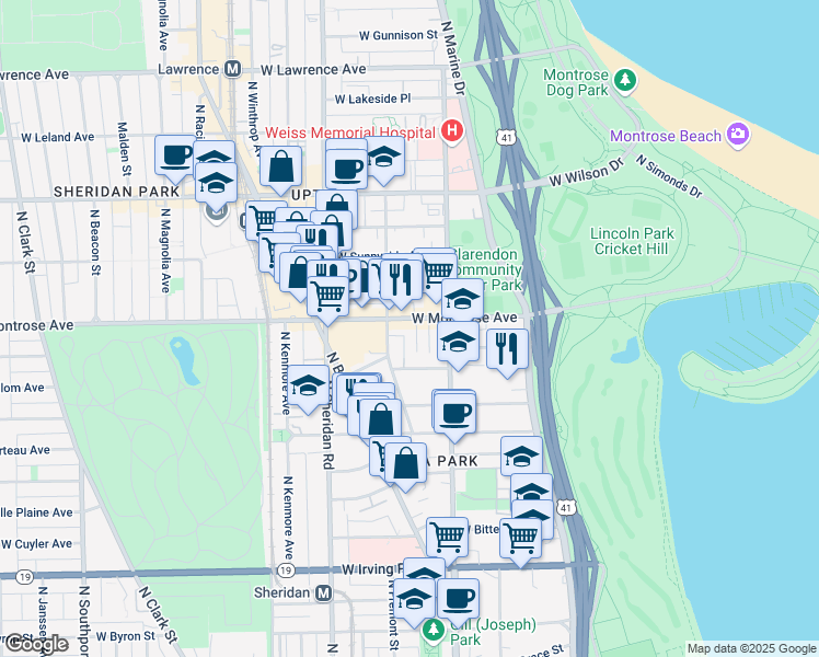 map of restaurants, bars, coffee shops, grocery stores, and more near 835 West Montrose Avenue in Chicago