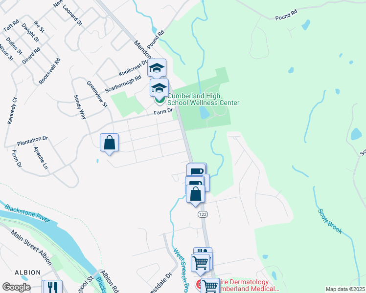 map of restaurants, bars, coffee shops, grocery stores, and more near 2510 Mendon Road in Cumberland