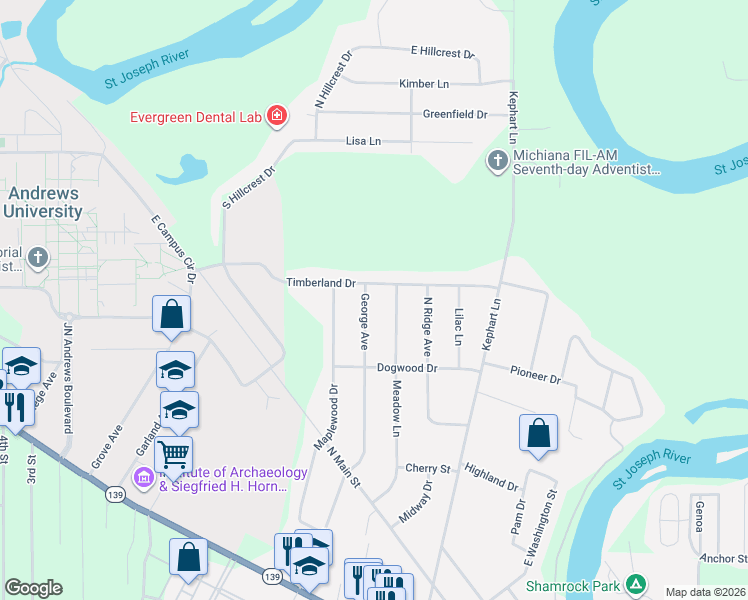 map of restaurants, bars, coffee shops, grocery stores, and more near 8711 George Avenue in Berrien Springs