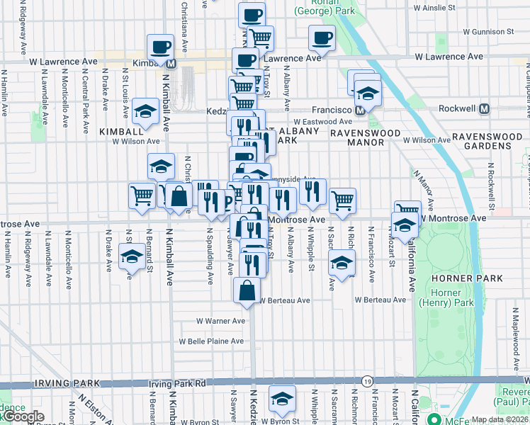 map of restaurants, bars, coffee shops, grocery stores, and more near in Chicago