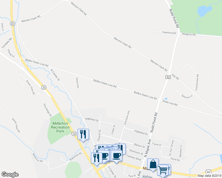 map of restaurants, bars, coffee shops, grocery stores, and more near 144 Beilke-State Line Road in Millerton