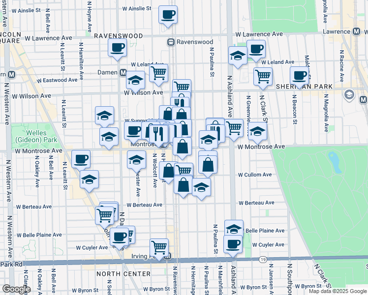 map of restaurants, bars, coffee shops, grocery stores, and more near 4335 North Ravenswood Avenue in Chicago