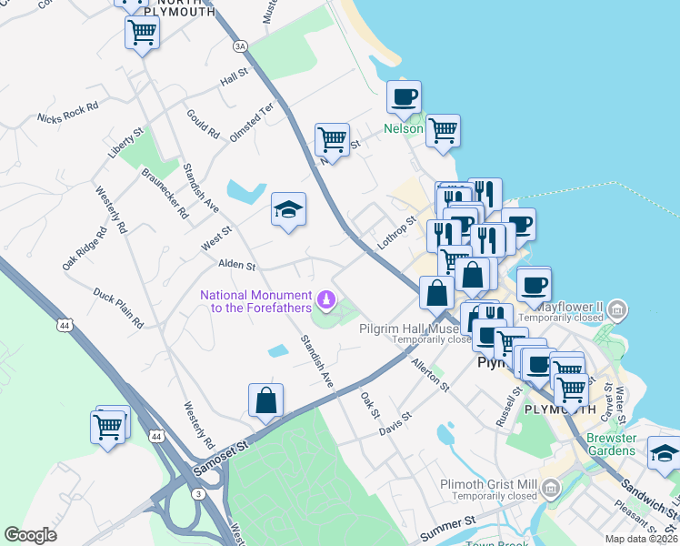 map of restaurants, bars, coffee shops, grocery stores, and more near 93 Allerton Street in Plymouth