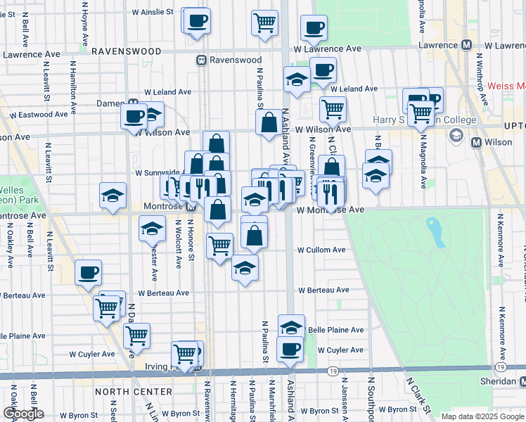 map of restaurants, bars, coffee shops, grocery stores, and more near West Montrose Avenue & North Paulina Street in Chicago