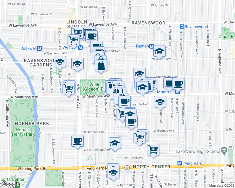 map of restaurants, bars, coffee shops, grocery stores, and more near 2148 West Montrose Avenue in Chicago