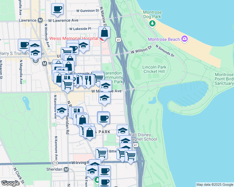 map of restaurants, bars, coffee shops, grocery stores, and more near 709 West Montrose Avenue in Chicago
