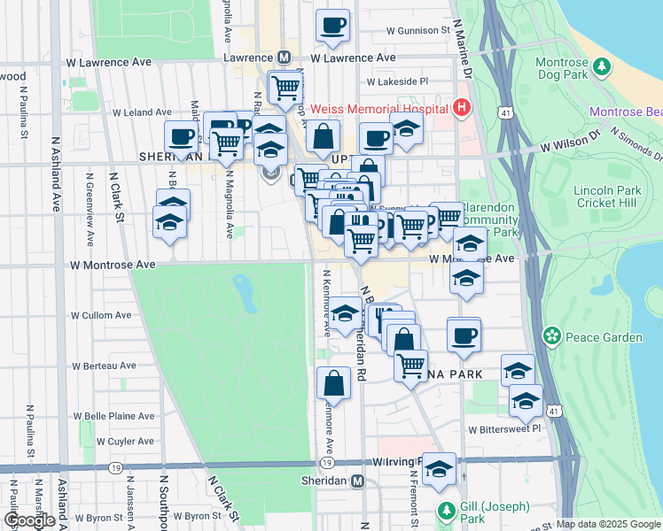 map of restaurants, bars, coffee shops, grocery stores, and more near 4342 North Sheridan Road in Chicago