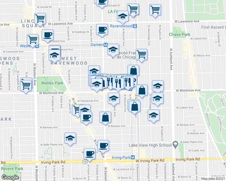 map of restaurants, bars, coffee shops, grocery stores, and more near in Chicago